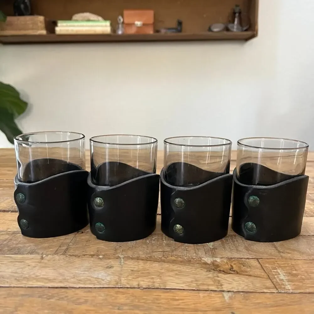 El Cid Leather-Wrapped Whiskey Glasses & Holders 4 Riveted Leather Sleeves